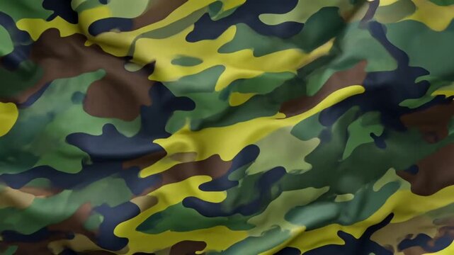 Seamless looping animation of vibrant colorful camouflage fabric flowing and gently undulating in soft waves