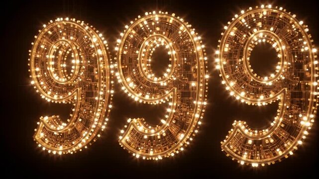 Glowing Digital Number Nine Nine Nine Nine Illuminated in a Dark Abstract Setting for Celebration or Countdown