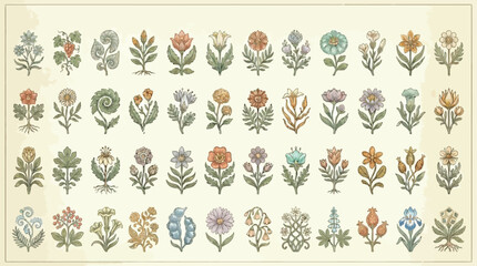 Collection of diverse floral motifs and botanical illustrations in a vintage style.