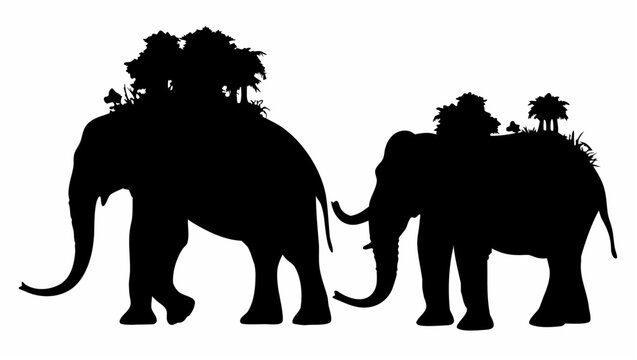 Giant elephant silhouettes with tropical trees on backs fantasy landscape surreal scene nature wildlife illustration
