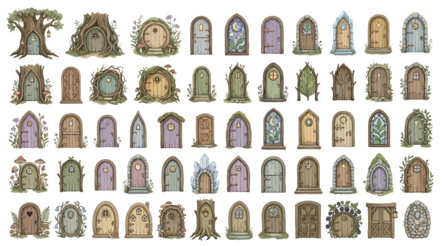 Collection of whimsical fairy doors and entrances set against a white background, perfect for fantasy illustrations.