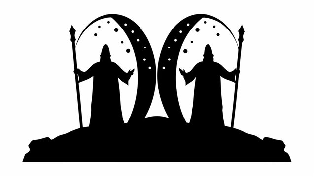 Mysterious gatekeepers stand guard with staffs silhouetted against celestial arches with stars
