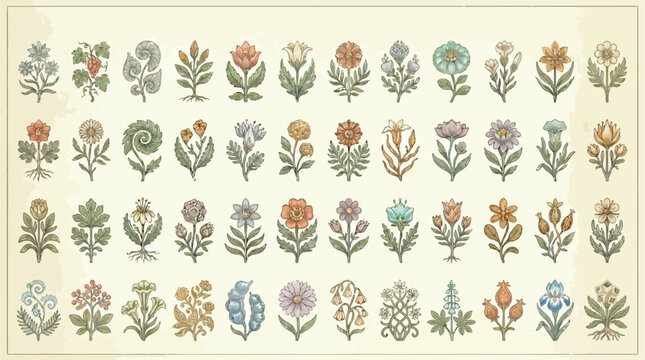 Collection of diverse floral motifs and botanical illustrations in a vintage style.
