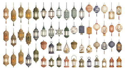 Collection of diverse hanging lanterns and decorative elements, including acorns and birdcages, in various styles and colors. © Eza