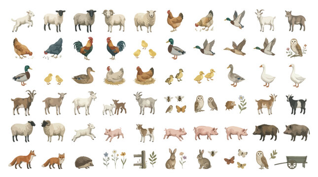 Collection of Farm Animals and Wildlife Illustrations.