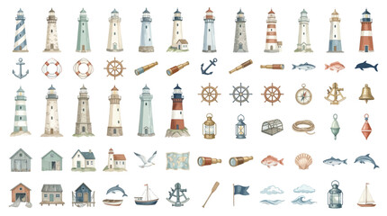 Watercolor Collection of Nautical Elements and Seaside Icons for Design. © Eza