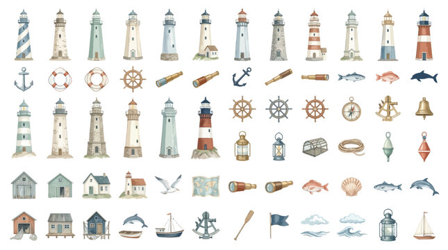 Watercolor Collection of Nautical Elements and Seaside Icons for Design.
