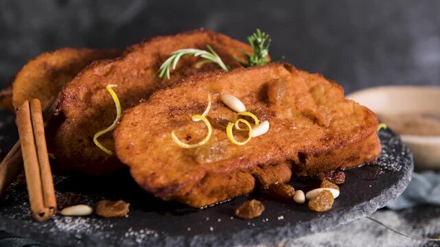Golden brown fried rabanadas served on a dark slate plate. The dish is garnished with raisins, pine nuts, lemon zest, and a hint of powdered sugar under soft studio lighting.