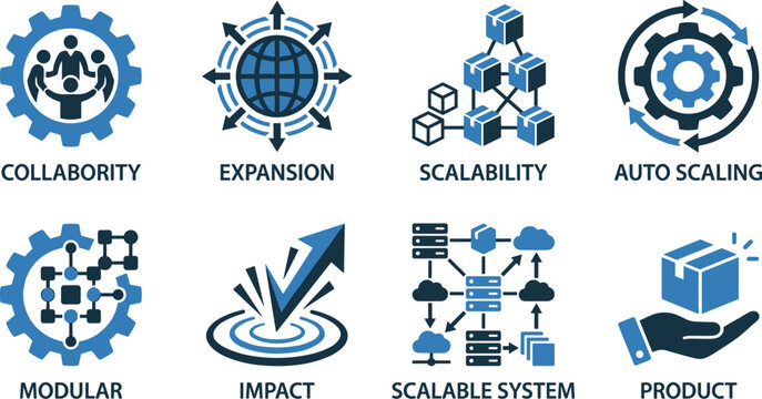Modern infrastructure symbols with scalability expansion auto scaling modular impact system and products.