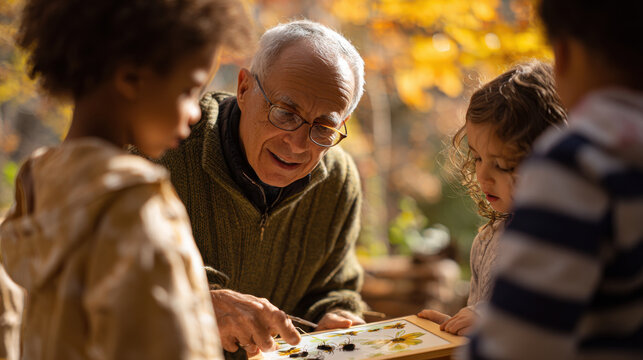 Grandfather teaching grandchildren about nature. An elderly man with glasses points at a display of insects, sharing his knowledge with curious grandchildren outdoors.