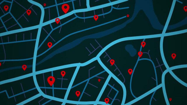 4K UHD Animated city map with location pins and navigation routes. Modern GPS tracking concept for smart city