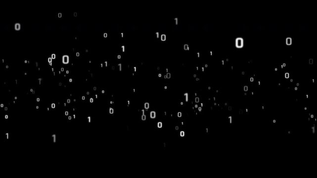 Glowing binary digits drift across a dark background, creating a minimal visualization of digital information, data flow, and computational systems