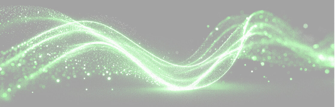 Transparent png of glowing green dust sparkle wave with flowing particles trail and abstract magic light flow overlay of luminous spring dust on white background image shimmering stream tiny stars
