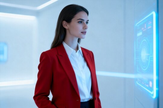 Businesswoman in Red Jacket Viewing Futuristic Display