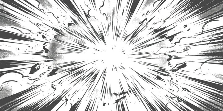 Black and white manga style speed lines background with explosion effect