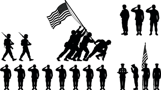 Silhouettes of Military Personnel Saluting in Uniform on White Background