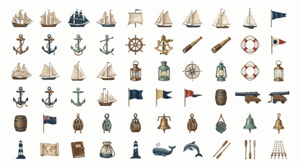 Collection of nautical and maritime icons and symbols, including ships, anchors, flags, and sea creatures. © Eza