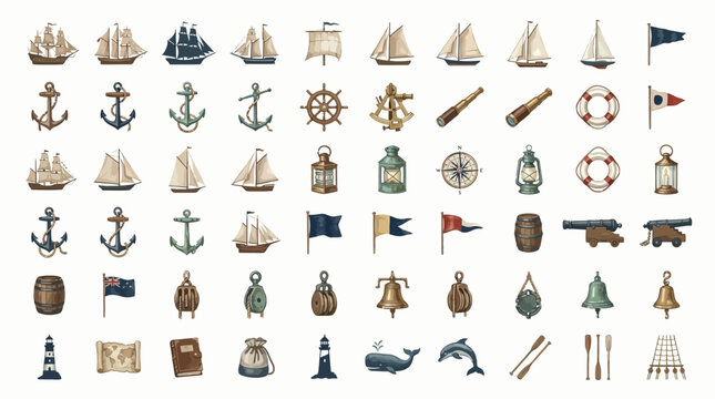 Collection of nautical and maritime icons and symbols, including ships, anchors, flags, and sea creatures.