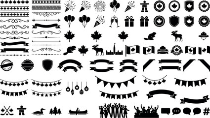 Maple leaf garland and icons set on white background with Canadian theme elements © Rayxle