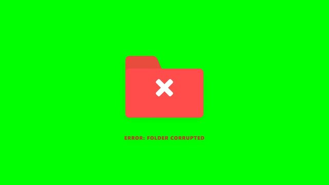 Animated red folder icon with a white cross symbol and corrupted error text on a green screen background