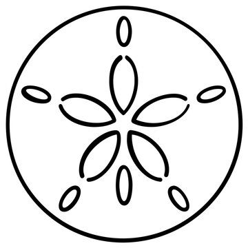 Elegant sand dollar shell vector icon for beach and ocean themes, minimalist line illustration of a marine sea urchin skeleton for coastal summer vacation graphics, clean scalable design asset.