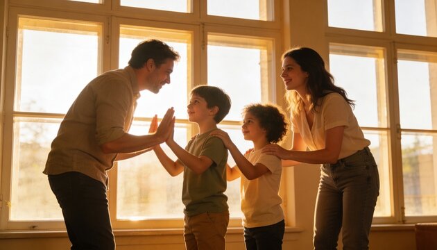 High-fiving parents and sons wearing light shirts and jeans by multi-pane windows, warm sunlight