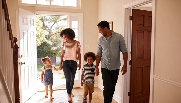Walking family of four wearing striped tee and button-down in entryway, open door, tiled floor