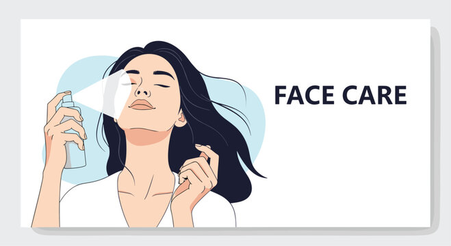 Beauty banner showing a woman spraying a refreshing mist on her face with Face Care text for a cosmetic brand advertisement.