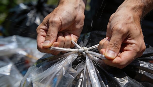 Tying hands and bare forearms twisting black bin bag handles with clear liner outdoors, water drops
