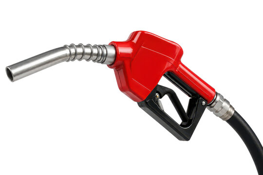 Close-up of red fuel dispenser nozzle isolated on white background, gasoline pump handle for refueling service station, energy and transportation concept