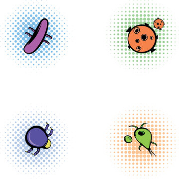 Different types of microbes and viruses in a retro comic book style