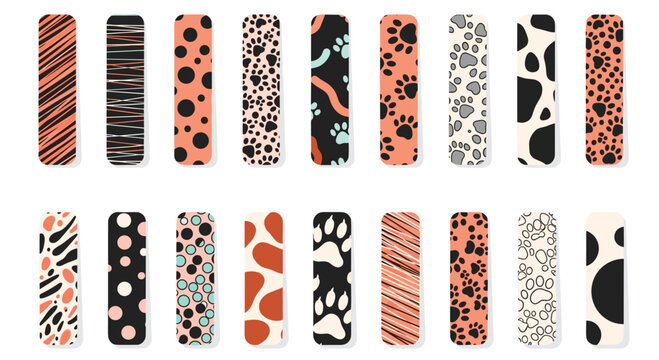 Collection of various animal print patterns in vertical rounded bar shapes like leopard tiger cheetah and domestic cat paw prints.