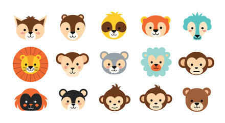 Obraz premium Diverse collection of adorable cartoon animal head icons featuring various wildlife and pets like lions bears foxes and monkeys.