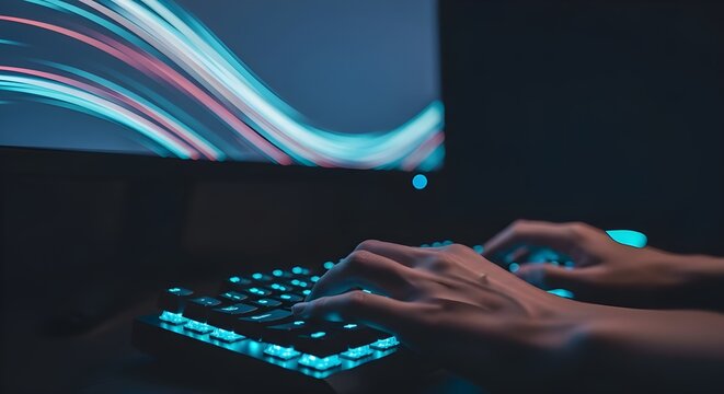 Futuristic RGB Gaming Keyboard Hands in Dark Room Cinematic Lighting