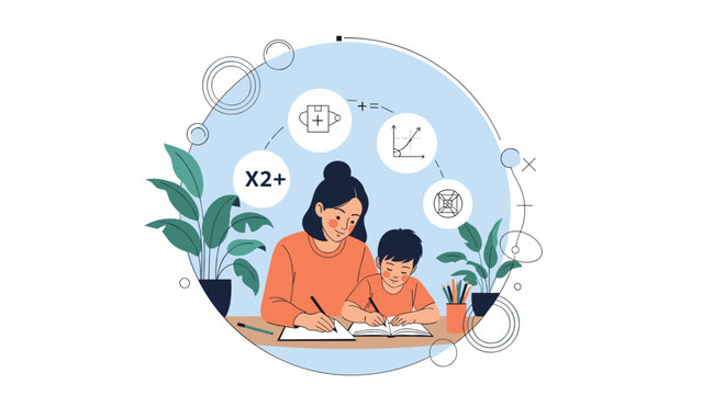 Caring mother helping her young son with his mathematics homework while sitting at a desk with school supplies and plants.