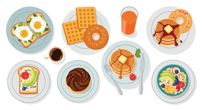 Top down view of a delicious breakfast spread featuring fried eggs on toast waffles pancakes coffee and fresh orange juice.