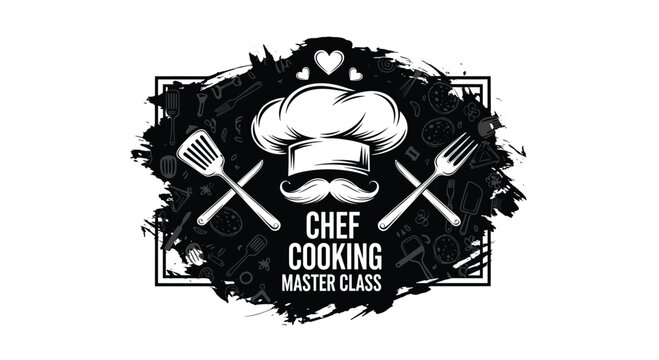 Vintage style monochrome logo for a chef cooking master class featuring a toque hat mustache crossed spatula and fork.