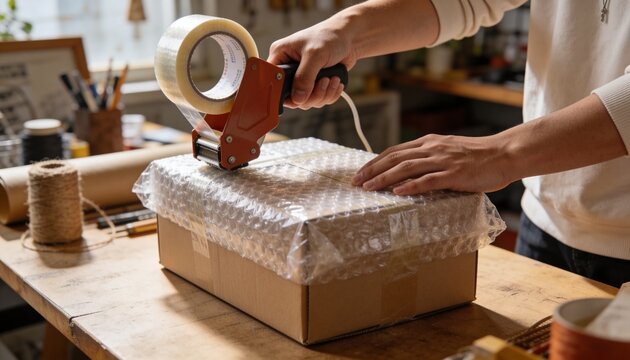 Sealing bubble-wrapped cardboard shipping box with tape dispenser on wooden workbench near window