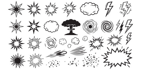 Set of black and white comic book style explosion effects and action symbols ©  creative  marlia