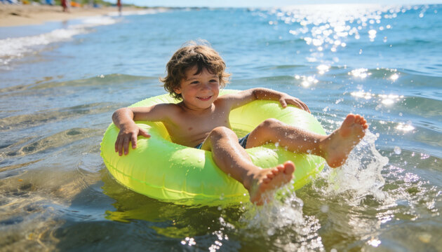 Smiling boy in dark swim trunks sitting in neon green inflatable ring at shallow shore, kicking