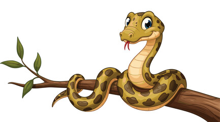 Naklejka premium Friendly spotted python snake character smiling on a wooden branch graphic element for children design vector.