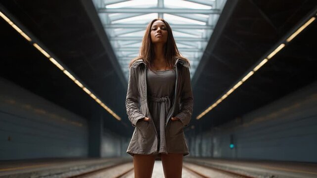 An enigmatic figure stands confidently in a train station, illuminated by lines of natural light flowing through the roof, framed by parallel tracks on either side.
