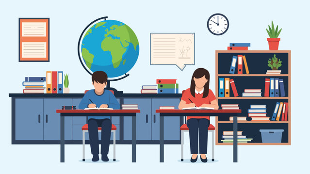 Students study in a modern classroom setting featuring a large globe, wall clock, and books on shelves behind them.