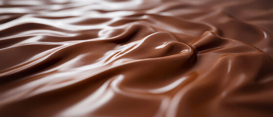 Naklejka premium Smooth wavy melted milk chocolate surface with heart-shaped wave, close-up horizontral background