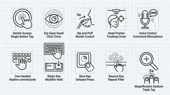 Set of assistive technology and accessibility icons for digital interfaces.