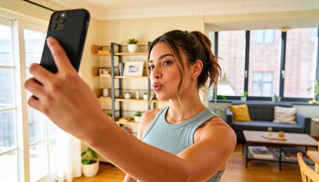 Posing woman in tank taking smartphone selfie and pouting lips in sunlit apartment lounge, shelves