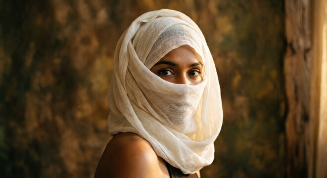 Woman wearing white headscarf and niqab looking away mysteriously