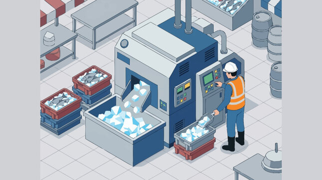 Industrial worker operating packaging machine.