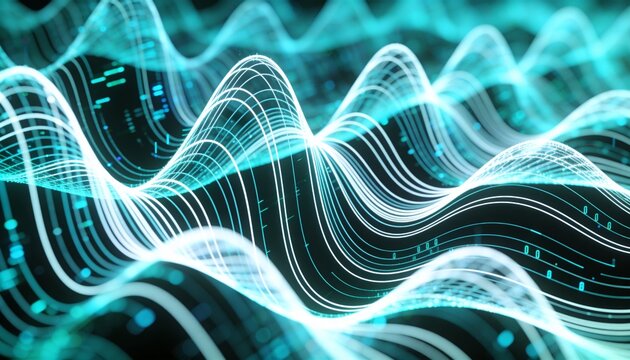 Flowing neon cyan waveform ribbons pulsing in 3D data space with contour lines binary digits