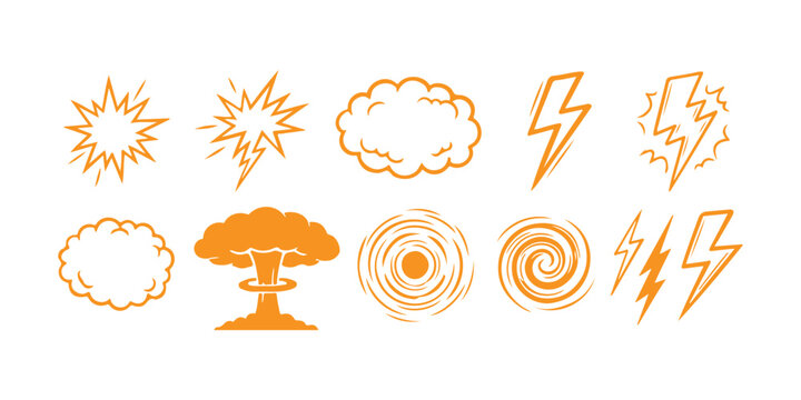 Set of comic book style explosion blast lightning and cloud weather icons